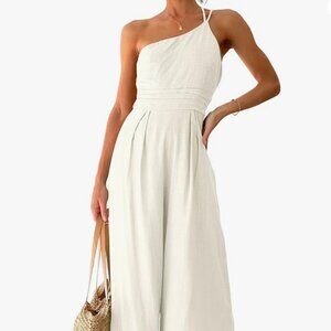 Women's Summer Straps One Shoulder High Waist Casual Wide Leg Linen Jumpsuit Rom